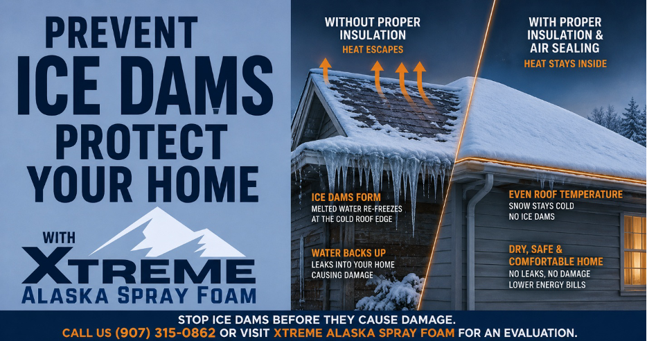 Ice dam forming on Alaska roof during winter